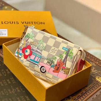 Louis Vuitton Mini Pochette Bag N60487 Damier Azur Canvas/Fuchsia Pink For Christmas 2021 (KI-21101420)