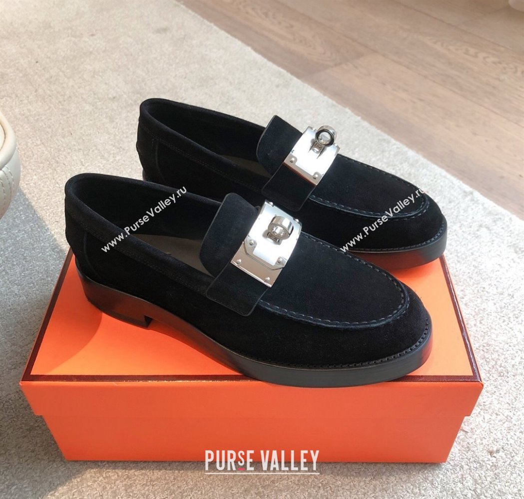 Hermes Hot Loafers in Suede with Oversized Kelly Buckle Black 2025 (XC-250226078)