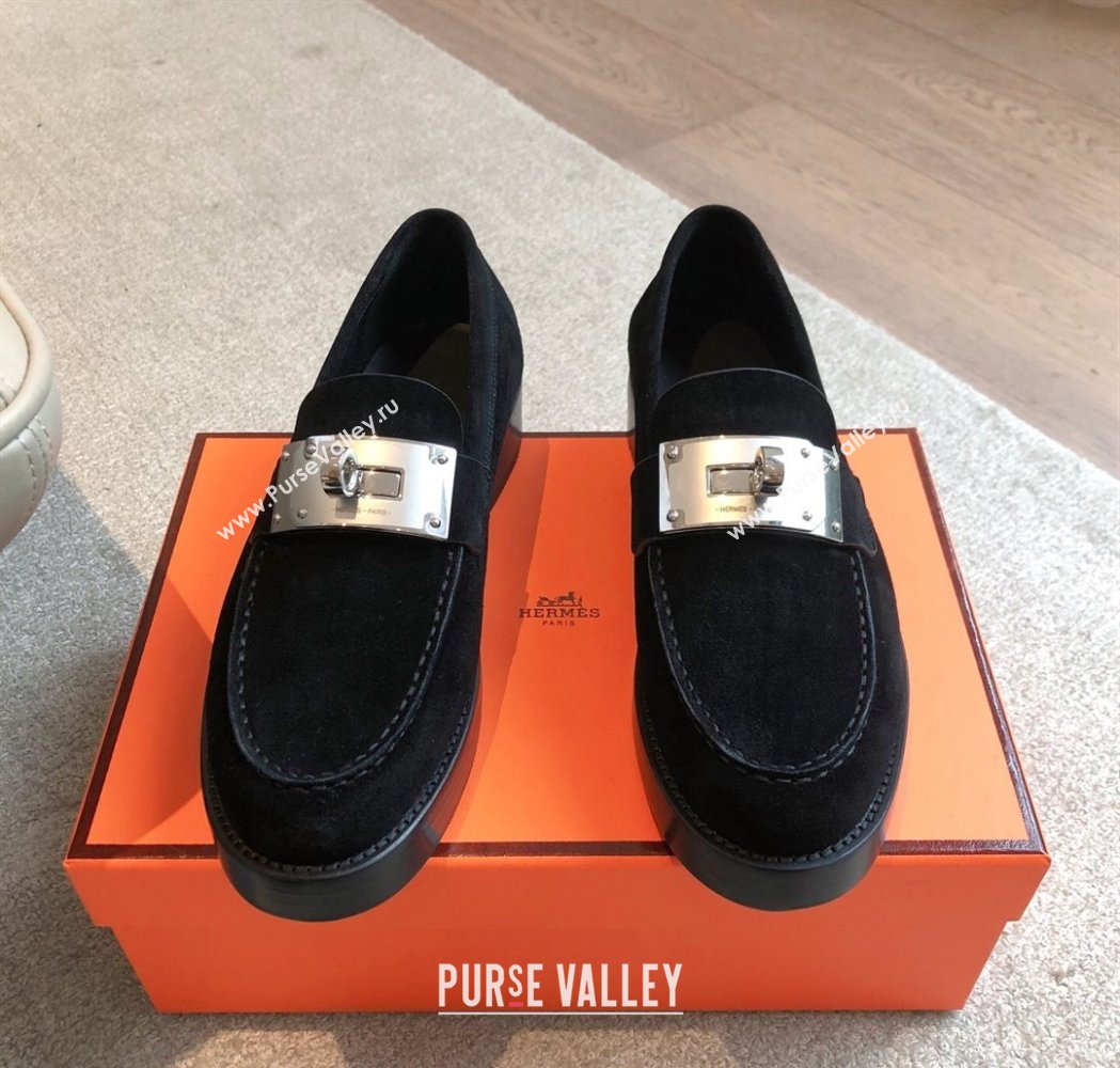 Hermes Hot Loafers in Suede with Oversized Kelly Buckle Black 2025 (XC-250226078)