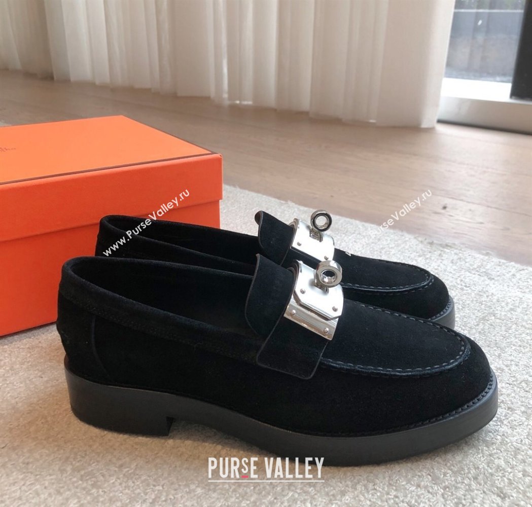 Hermes Hot Loafers in Suede with Oversized Kelly Buckle Black 2025 (XC-250226078)