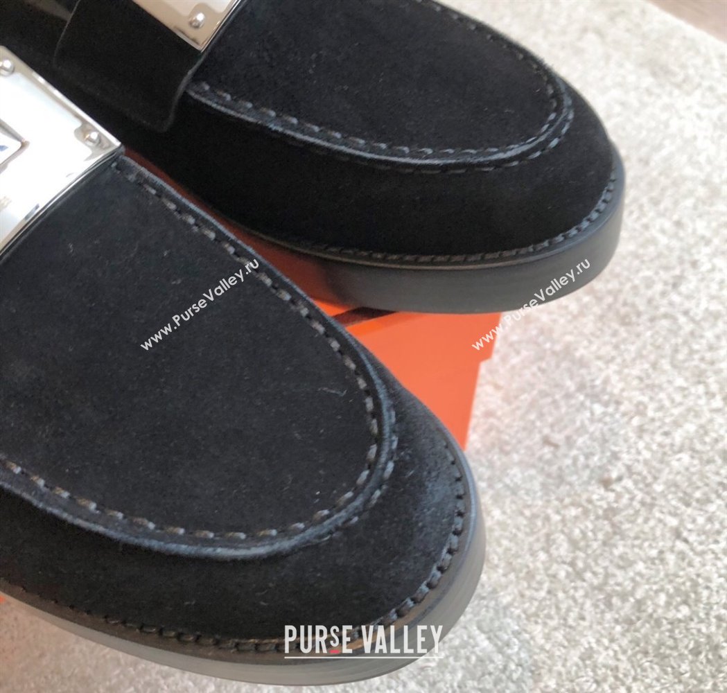 Hermes Hot Loafers in Suede with Oversized Kelly Buckle Black 2025 (XC-250226078)