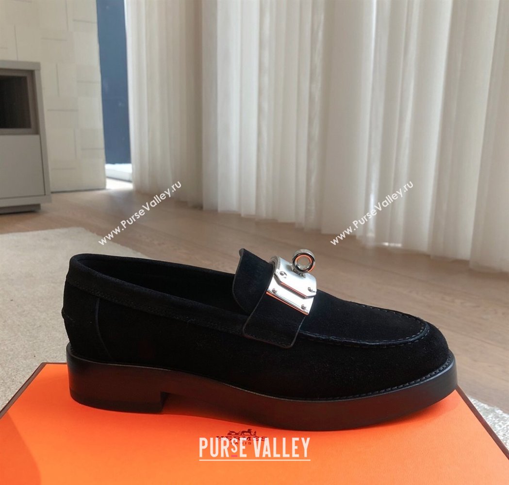 Hermes Hot Loafers in Suede with Oversized Kelly Buckle Black 2025 (XC-250226078)
