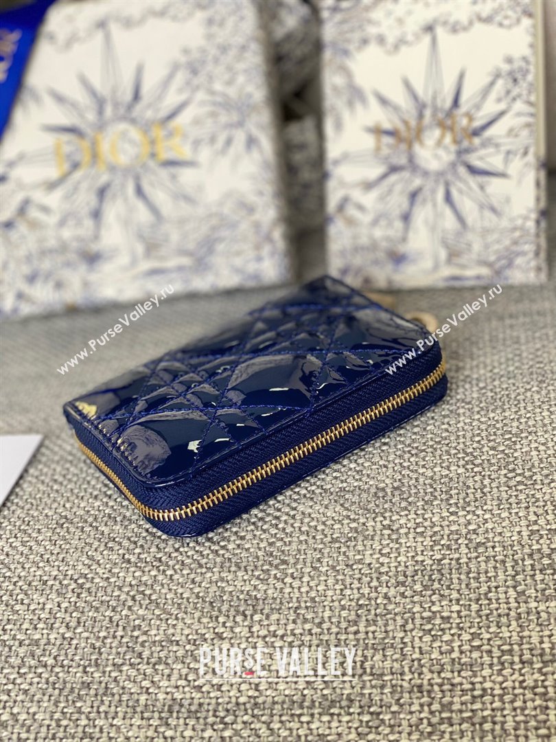 Dior Small Lady Dior Voyageur Coin Purse in Patent Calfskin Blue 2024 (DMZ-24020224)