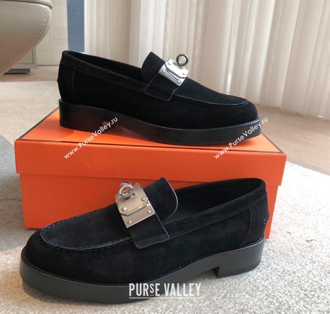 Hermes Hot Loafers in Suede with Oversized Kelly Buckle Black 2025 (XC-250226078)
