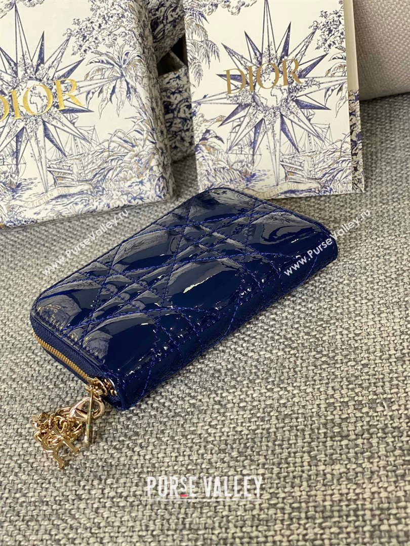 Dior Small Lady Dior Voyageur Coin Purse in Patent Calfskin Blue 2024 (DMZ-24020224)