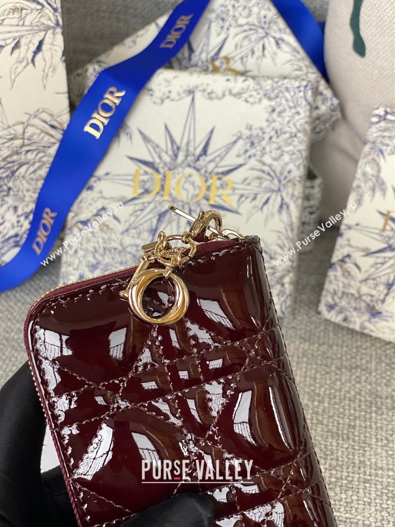 Dior Small Lady Dior Voyageur Coin Purse in Patent Calfskin Burgundy 2024 (DMZ-24020223)