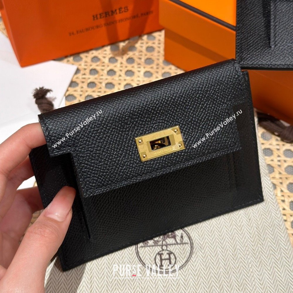 Hermes Kelly Pocket Compact Wallet in Epsom Leather Black/Gold 2024（Handmade） (XX-241030010)