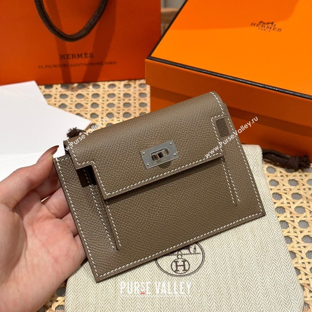 Hermes Kelly Pocket Compact Wallet in Epsom Leather Etoupe/Silver 2024（Handmade） (XX-241030012)