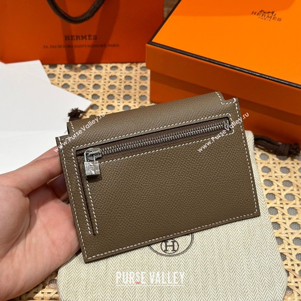 Hermes Kelly Pocket Compact Wallet in Epsom Leather Etoupe/Silver 2024（Handmade） (XX-241030012)