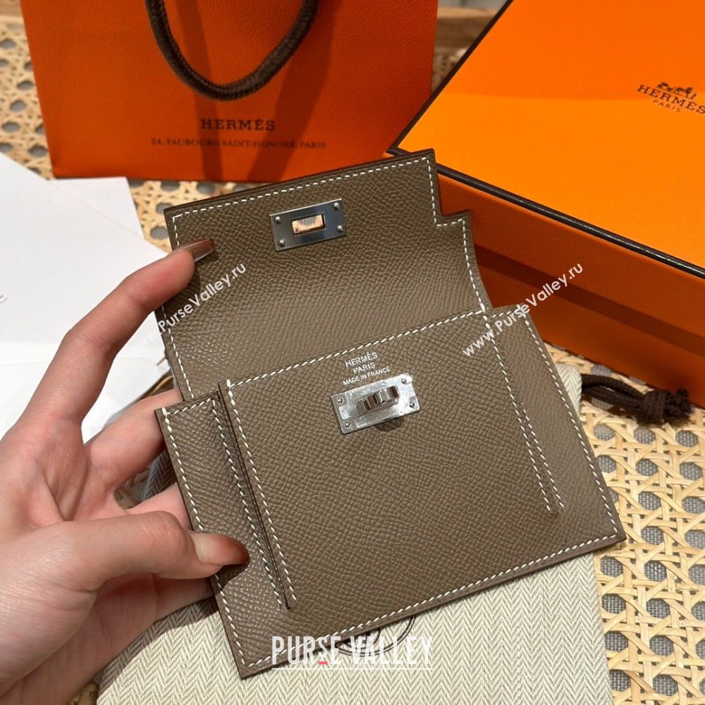 Hermes Kelly Pocket Compact Wallet in Epsom Leather Etoupe/Silver 2024（Handmade） (XX-241030012)