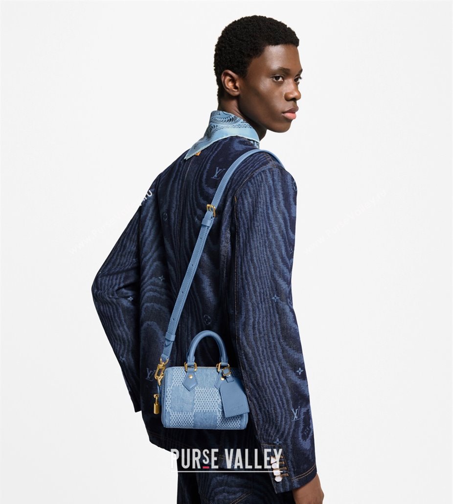 Louis Vuitton Mens Speedy 18 Bandouliere Mini Bag in Blue Damier Denim 3D Canvas N00208 2025 (KI-2508110021)