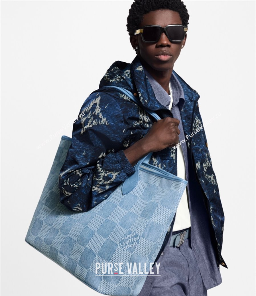 Louis Vuitton Mens Nevereverfull Tote Bag in Blue Damier Denim 3D Canvas N00198 2025 (KI-2508110024)