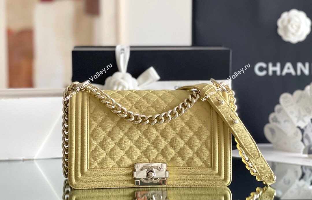 Chanel Original Grained Calfskin Medium Boy Flap Bag Light Gold/Yellow 2023 Top Quality (MHE-23102509)