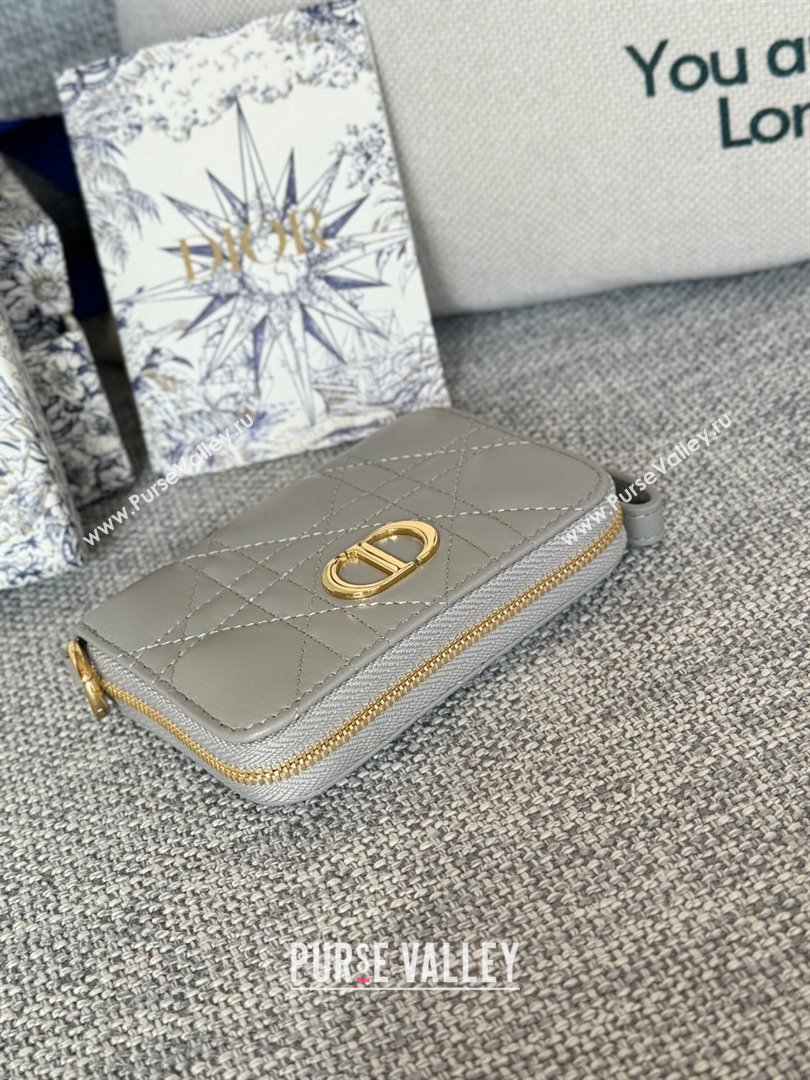 Dior Caro Compact Zipped Wallet in Cannage Calfskin Grey 2024 (DMZ-24020219)