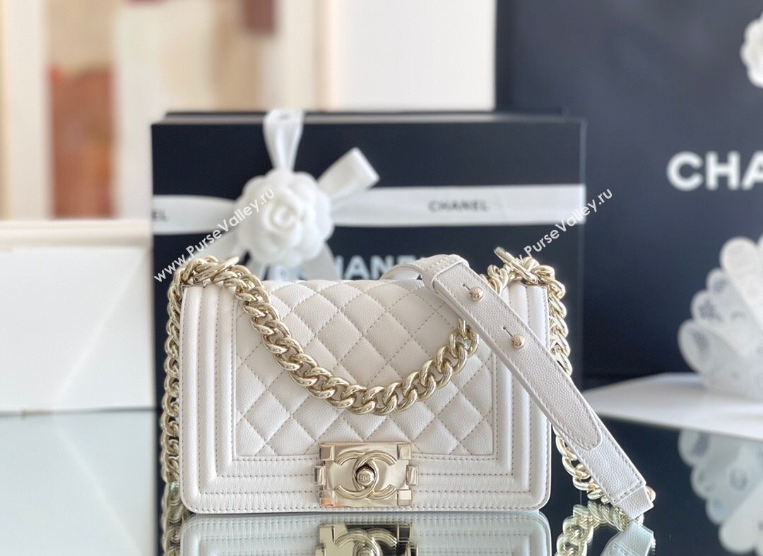 Chanel Original Grained Calfskin Small Boy Flap Bag Light Gold/White 2023 Top Quality (MHE-23102510 )