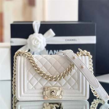 Chanel Original Grained Calfskin Small Boy Flap Bag Light Gold/White 2023 Top Quality (MHE-23102510 )