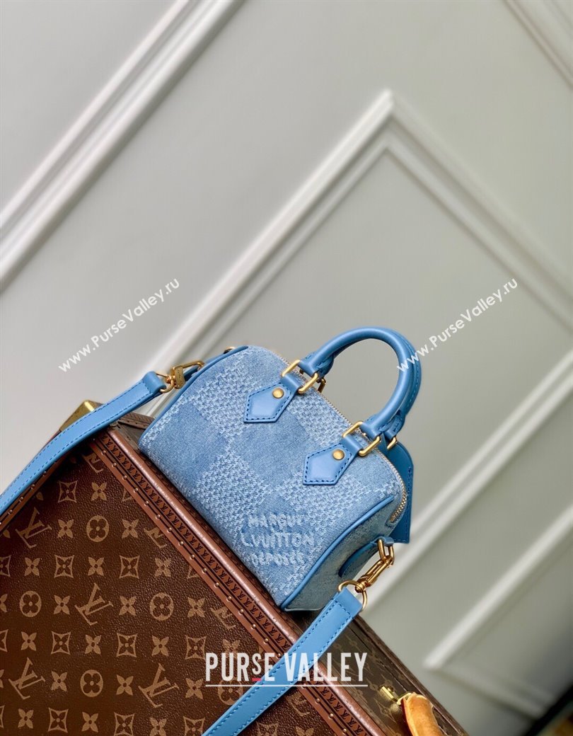 Louis Vuitton Mens Speedy 18 Bandouliere Mini Bag in Blue Damier Denim 3D Canvas N00208 2025 (KI-2508110021)