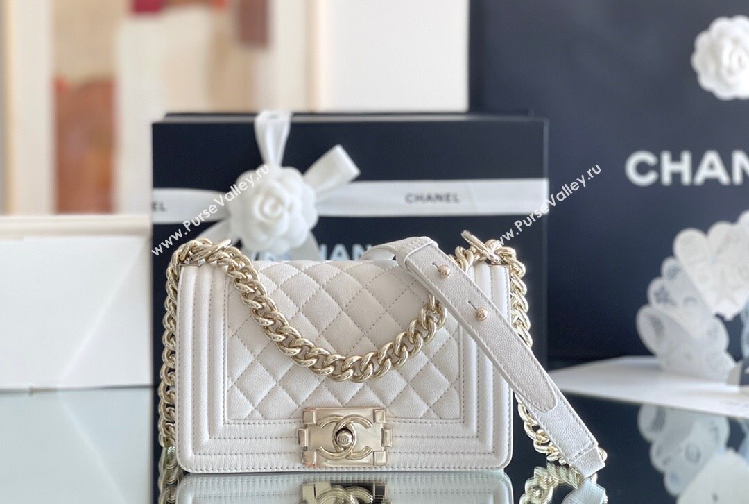 Chanel Original Grained Calfskin Small Boy Flap Bag Light Gold/White 2023 Top Quality (MHE-23102510 )