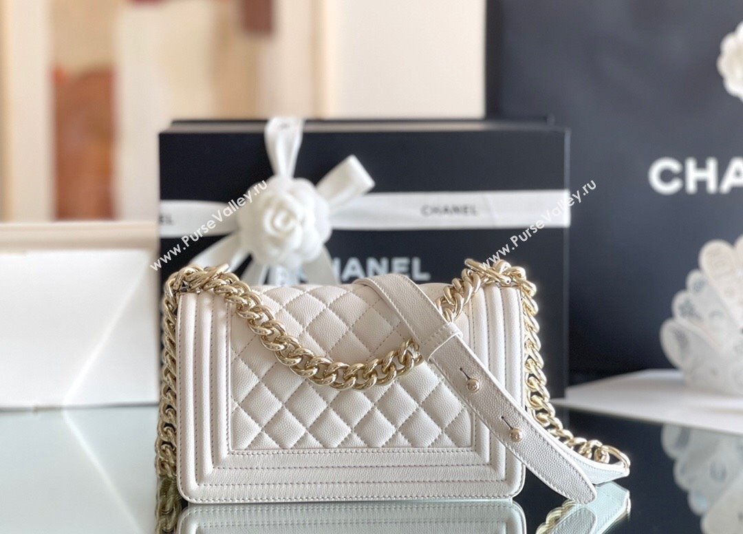 Chanel Original Grained Calfskin Small Boy Flap Bag Light Gold/White 2023 Top Quality (MHE-23102510 )