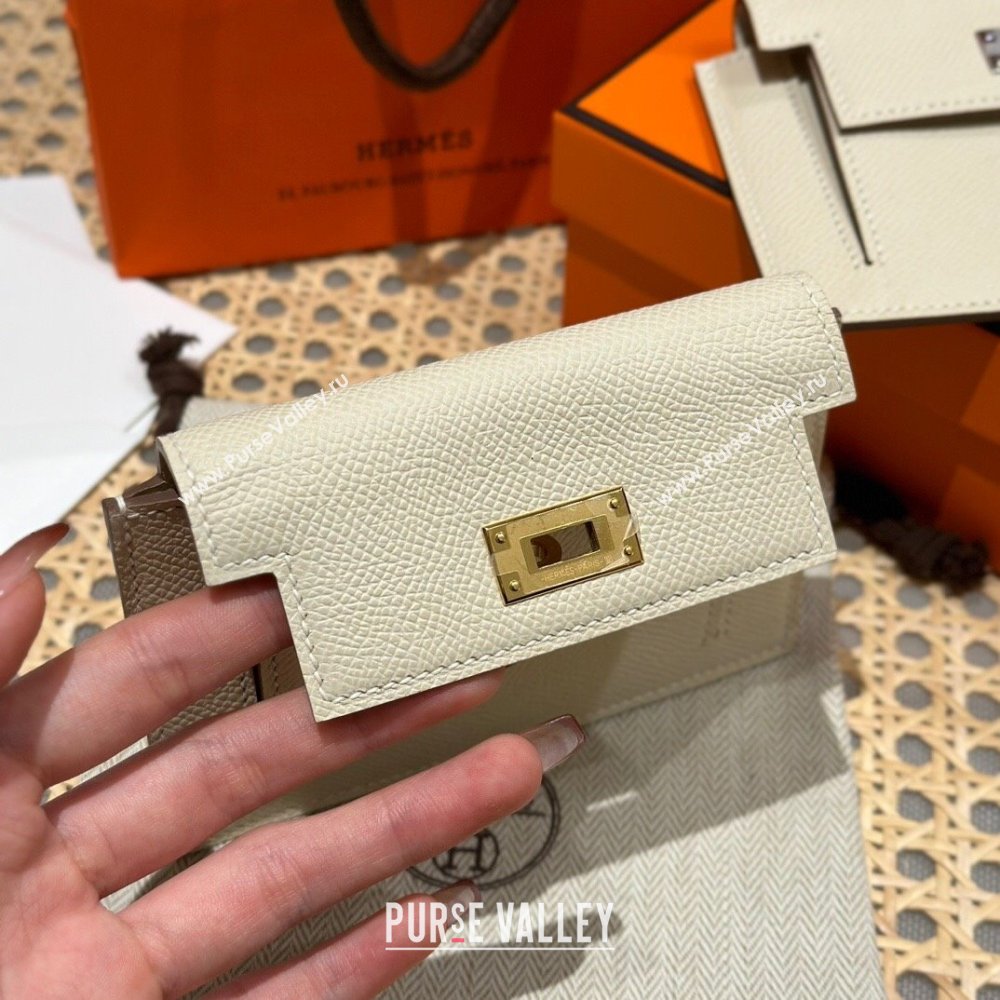 Hermes Kelly Pocket Compact Wallet in Epsom Leather Milk Shake White/Gold 2024（Handmade） (XX-241030014)