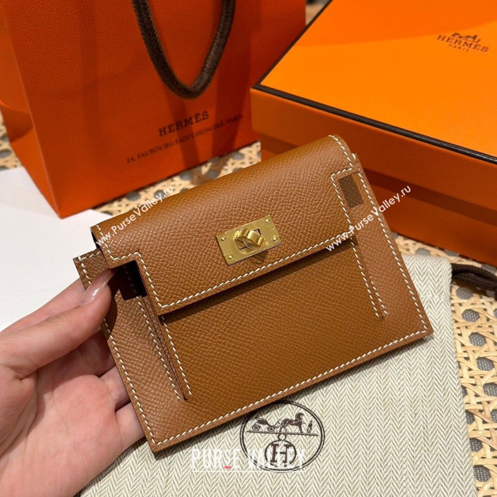 Hermes Kelly Pocket Compact Wallet in Epsom Leather Brown/Gold 2024（Handmade） (XX-241030016)