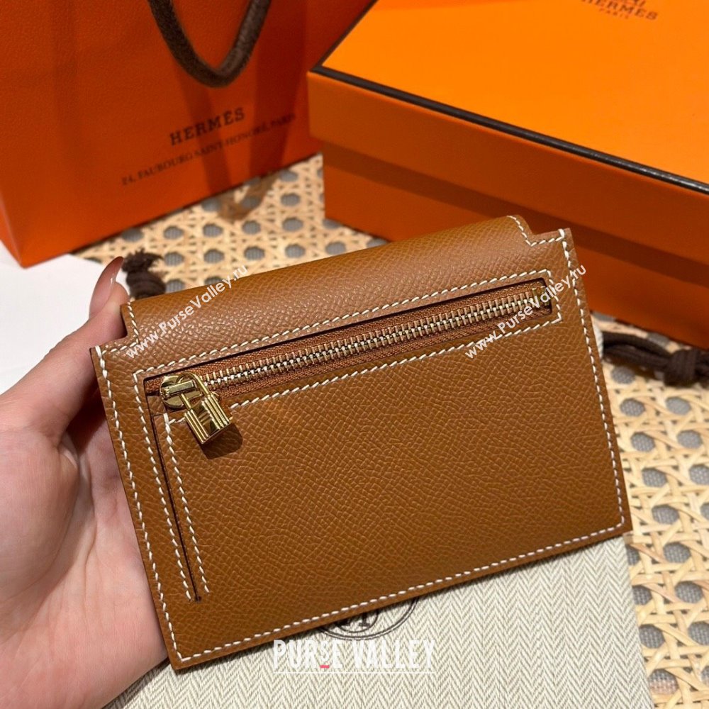 Hermes Kelly Pocket Compact Wallet in Epsom Leather Brown/Gold 2024（Handmade） (XX-241030016)