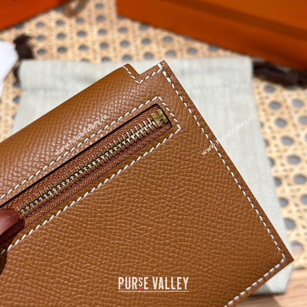 Hermes Kelly Pocket Compact Wallet in Epsom Leather Brown/Gold 2024（Handmade） (XX-241030016)