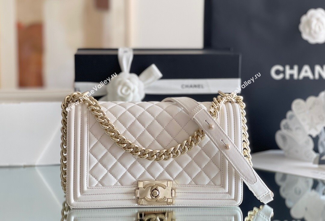 Chanel Original Grained Calfskin Medium Boy Flap Bag Light Gold/White 2023 Top Quality (MHE-23102511)