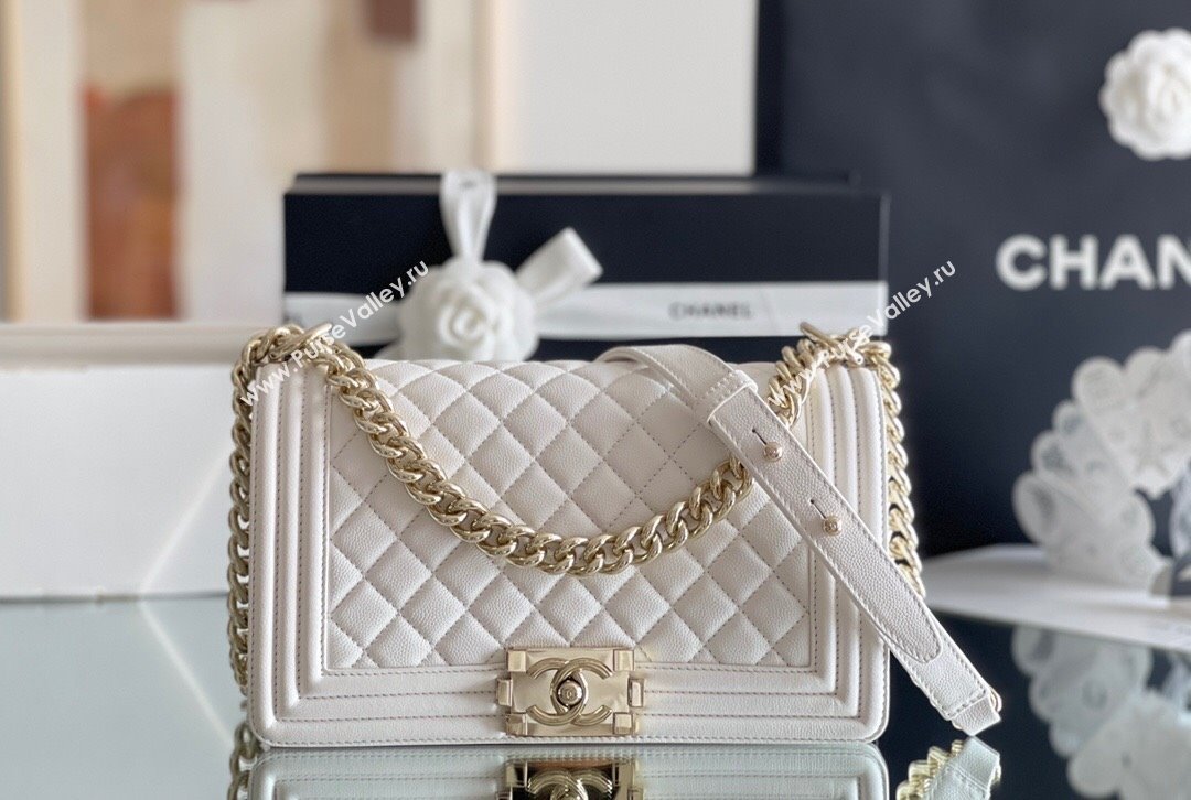 Chanel Original Grained Calfskin Medium Boy Flap Bag Light Gold/White 2023 Top Quality (MHE-23102511)