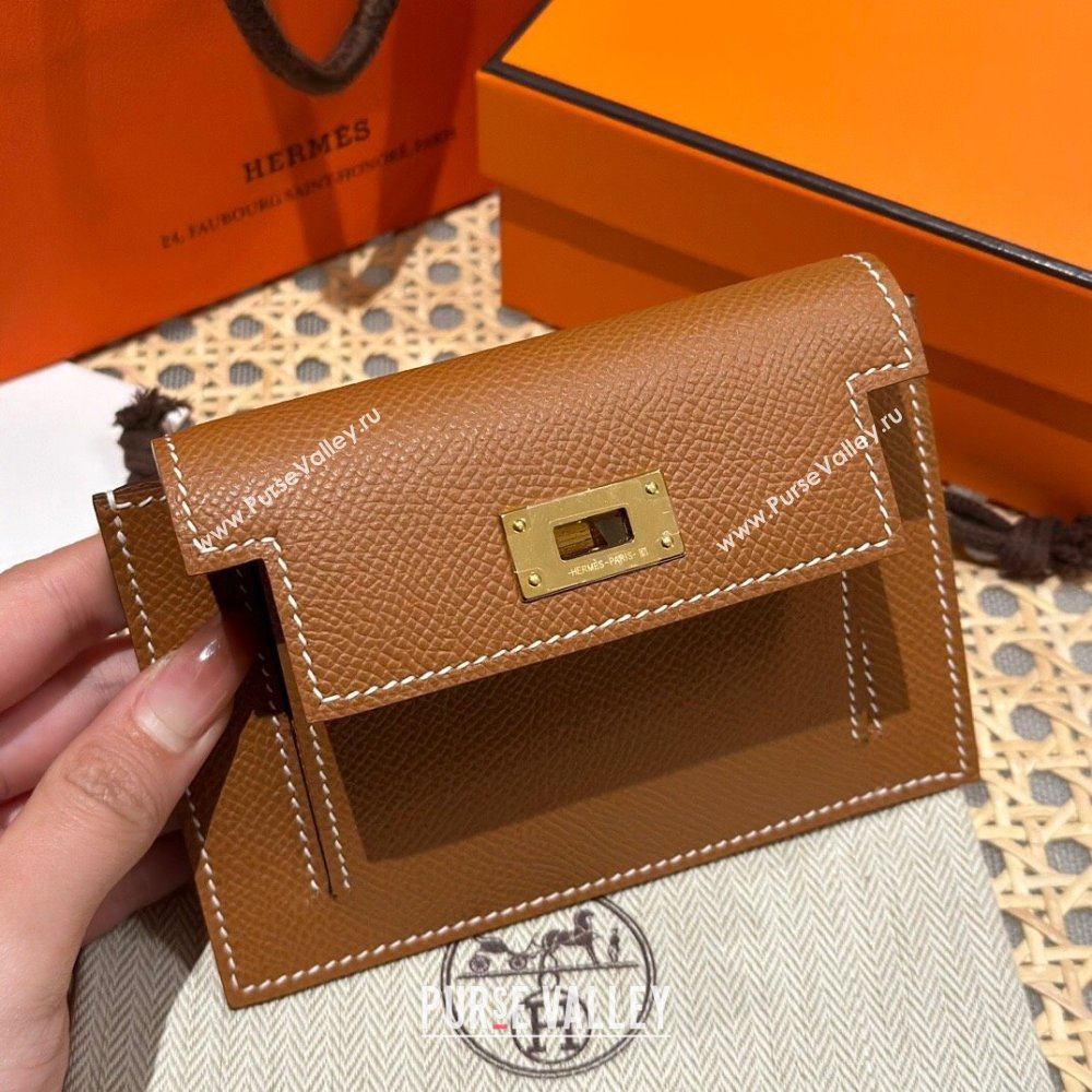 Hermes Kelly Pocket Compact Wallet in Epsom Leather Brown/Gold 2024（Handmade） (XX-241030016)