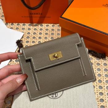 Hermes Kelly Pocket Compact Wallet in Epsom Leather Etoupe/Gold 2024（Handmade） (XX-241030013)