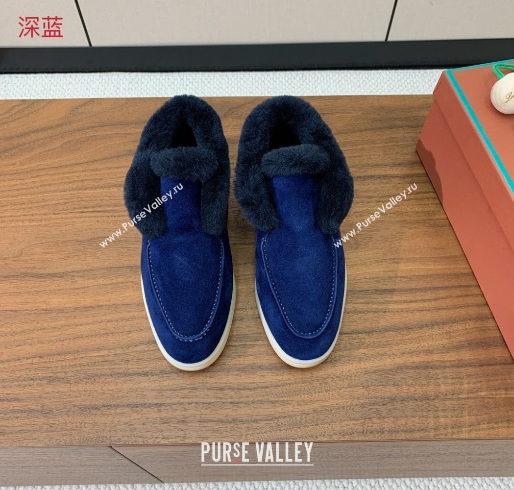 Loro Piana Open Walk Ankle Boots in Suede and Wool Fur Dark Blue 2025 LP101102 (HH-251211027)