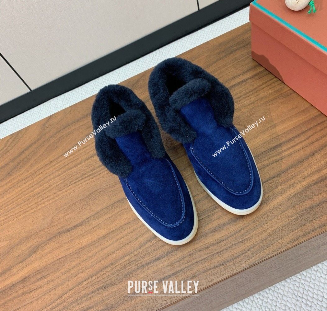 Loro Piana Open Walk Ankle Boots in Suede and Wool Fur Dark Blue 2025 LP101102 (HH-251211027)