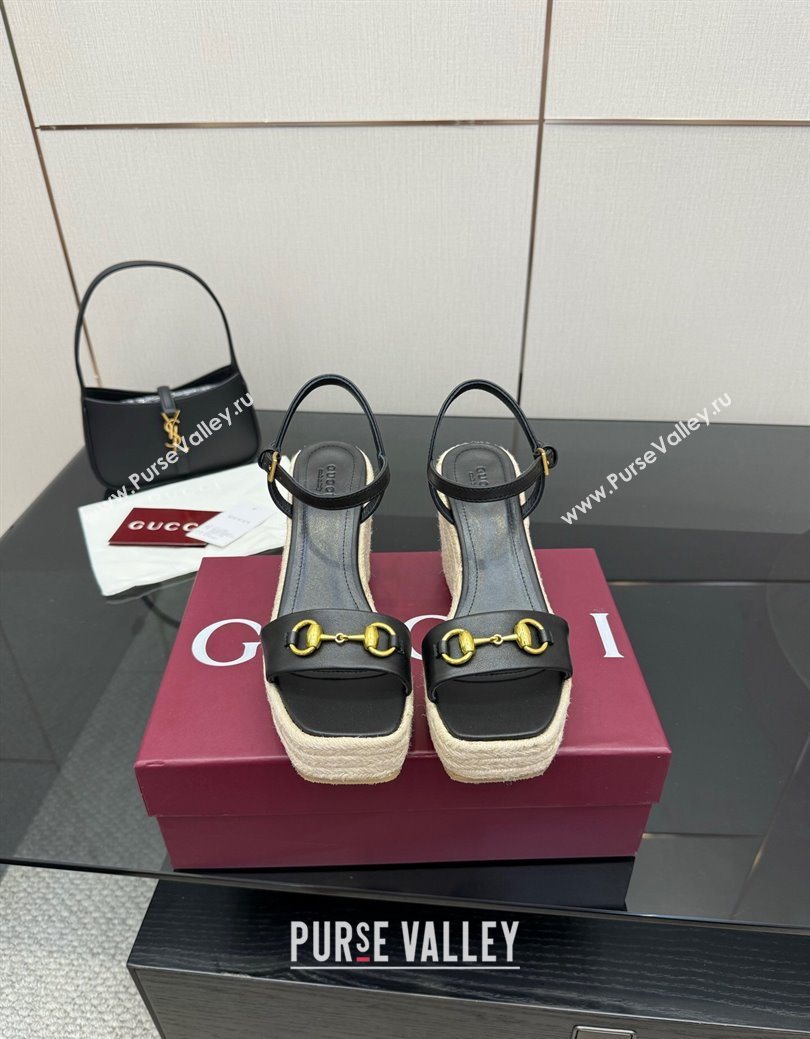 Gucci Espadrille Wedge Sandals 10cm in Leather with Horsebit Black 2025 GG082802 (MD-250828035)