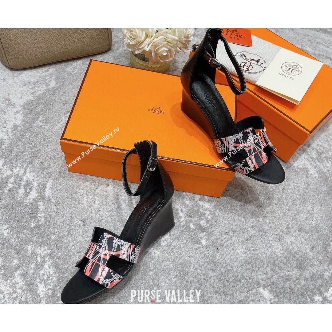 Hermes Calfskin Print Wedge Sandals 7cm Black 2021 (MD-21081107)