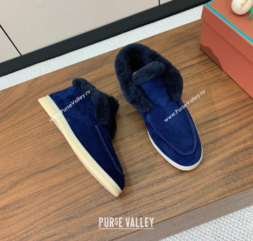 Loro Piana Open Walk Ankle Boots in Suede and Wool Fur Dark Blue 2025 LP101102 (HH-251211027)