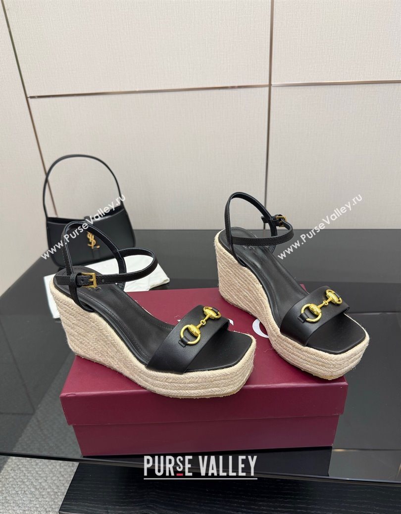 Gucci Espadrille Wedge Sandals 10cm in Leather with Horsebit Black 2025 GG082802 (MD-250828035)