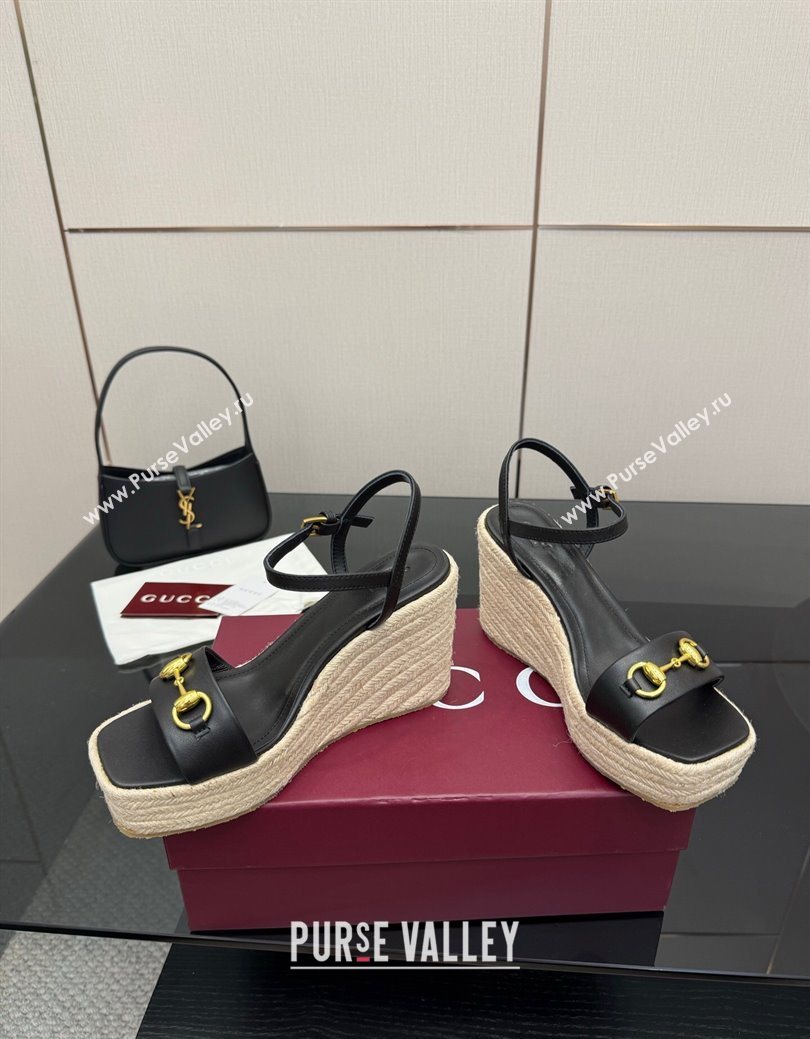 Gucci Espadrille Wedge Sandals 10cm in Leather with Horsebit Black 2025 GG082802 (MD-250828035)