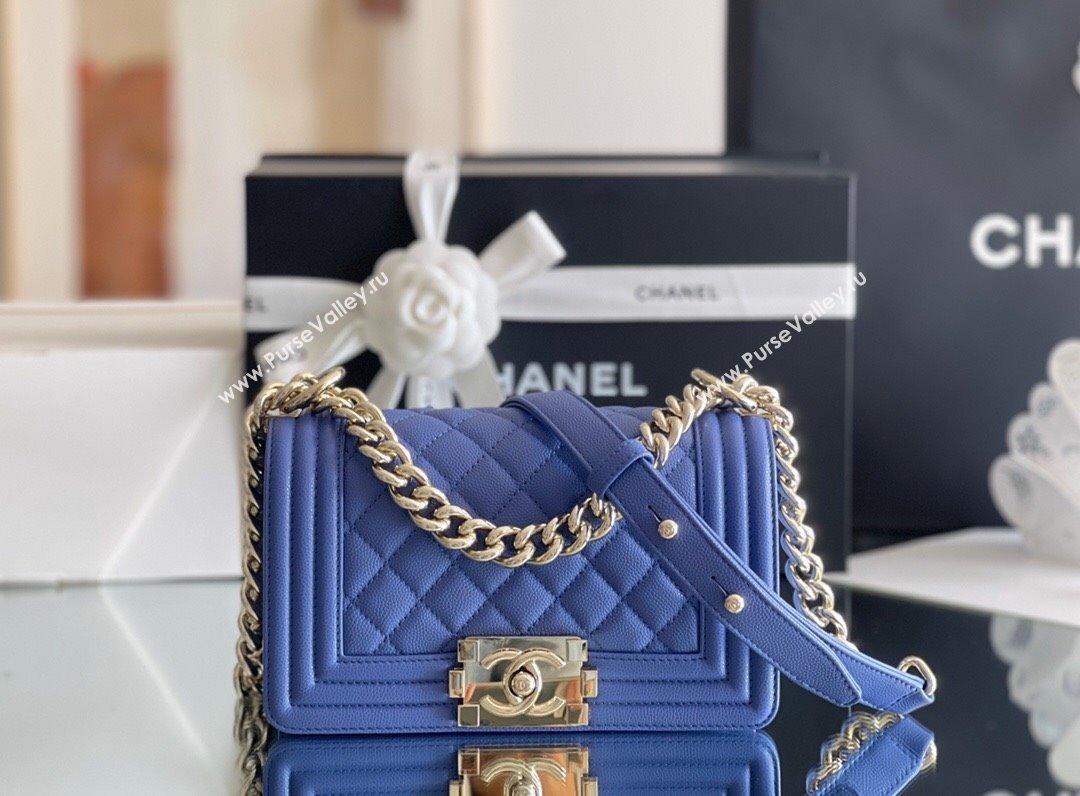 Chanel Original Grained Calfskin Small Boy Flap Bag Light Gold/Blue 2023 Top Quality (MHE-23102512)