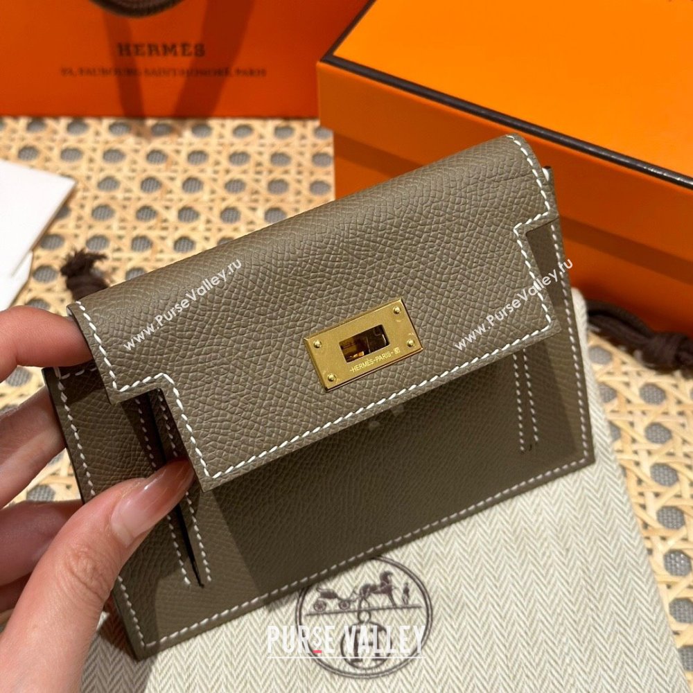 Hermes Kelly Pocket Compact Wallet in Epsom Leather Etoupe/Gold 2024（Handmade） (XX-241030013)