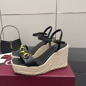 Gucci Espadrille Wedge Sandals 10cm in Leather with Horsebit Black 2025 GG082802 (MD-250828035)