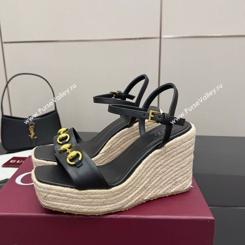 Gucci Espadrille Wedge Sandals 10cm in Leather with Horsebit Black 2025 GG082802 (MD-250828035)