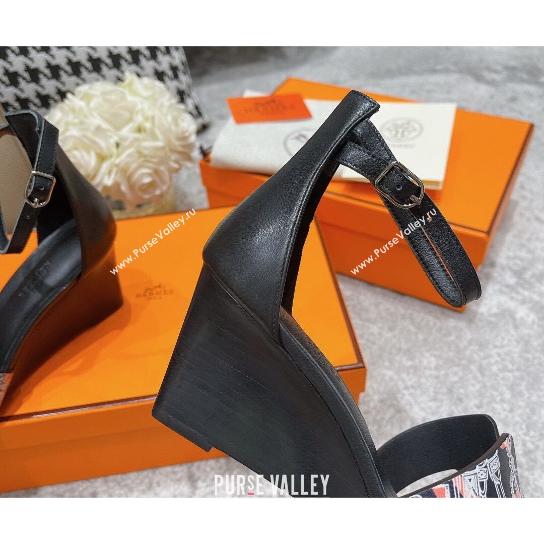 Hermes Calfskin Print Wedge Sandals 7cm Black 2021 (MD-21081107)