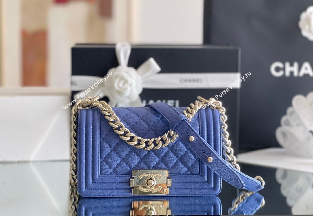 Chanel Original Grained Calfskin Small Boy Flap Bag Light Gold/Blue 2023 Top Quality (MHE-23102512)