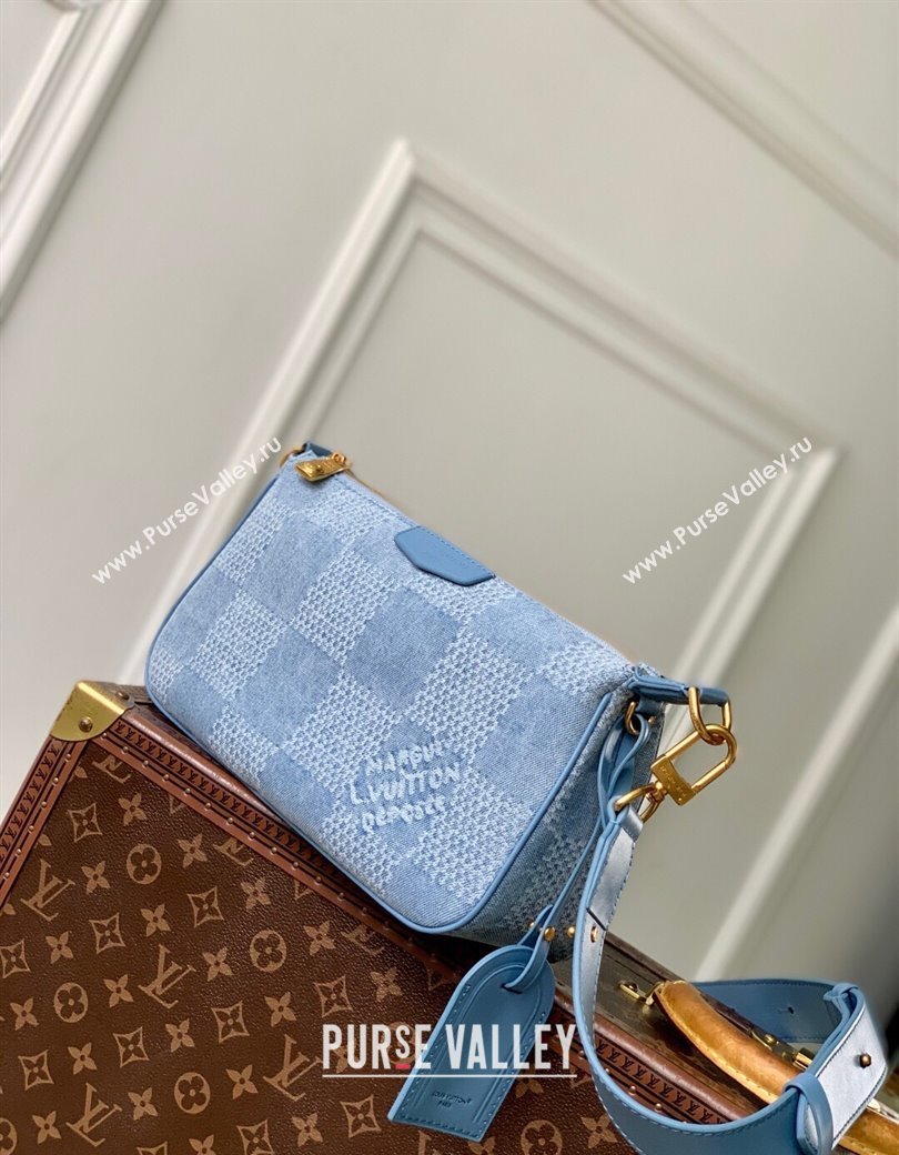 Louis Vuitton Mens Pochette Accessories XL Crossbody Bag in Blue Damier Denim 3D Canvas N00204 2025 (KI-2508110023)