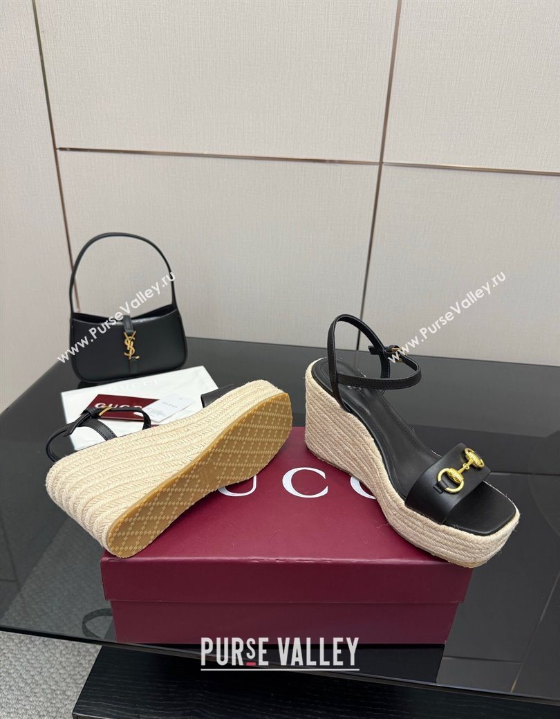 Gucci Espadrille Wedge Sandals 10cm in Leather with Horsebit Black 2025 GG082802 (MD-250828035)