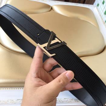 Louis Vuitton Lizard Embossed Calfskin Belt 3.8cm with LV Buckle Navy Blue/Silver 2021 (99-21011217)