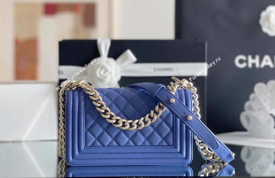 Chanel Original Grained Calfskin Small Boy Flap Bag Light Gold/Blue 2023 Top Quality (MHE-23102512)