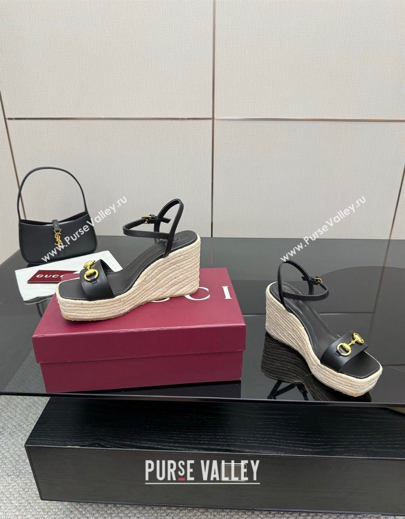 Gucci Espadrille Wedge Sandals 10cm in Leather with Horsebit Black 2025 GG082802 (MD-250828035)