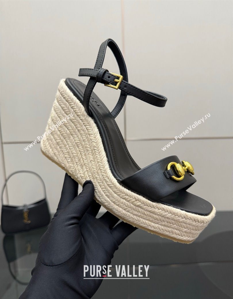 Gucci Espadrille Wedge Sandals 10cm in Leather with Horsebit Black 2025 GG082802 (MD-250828035)